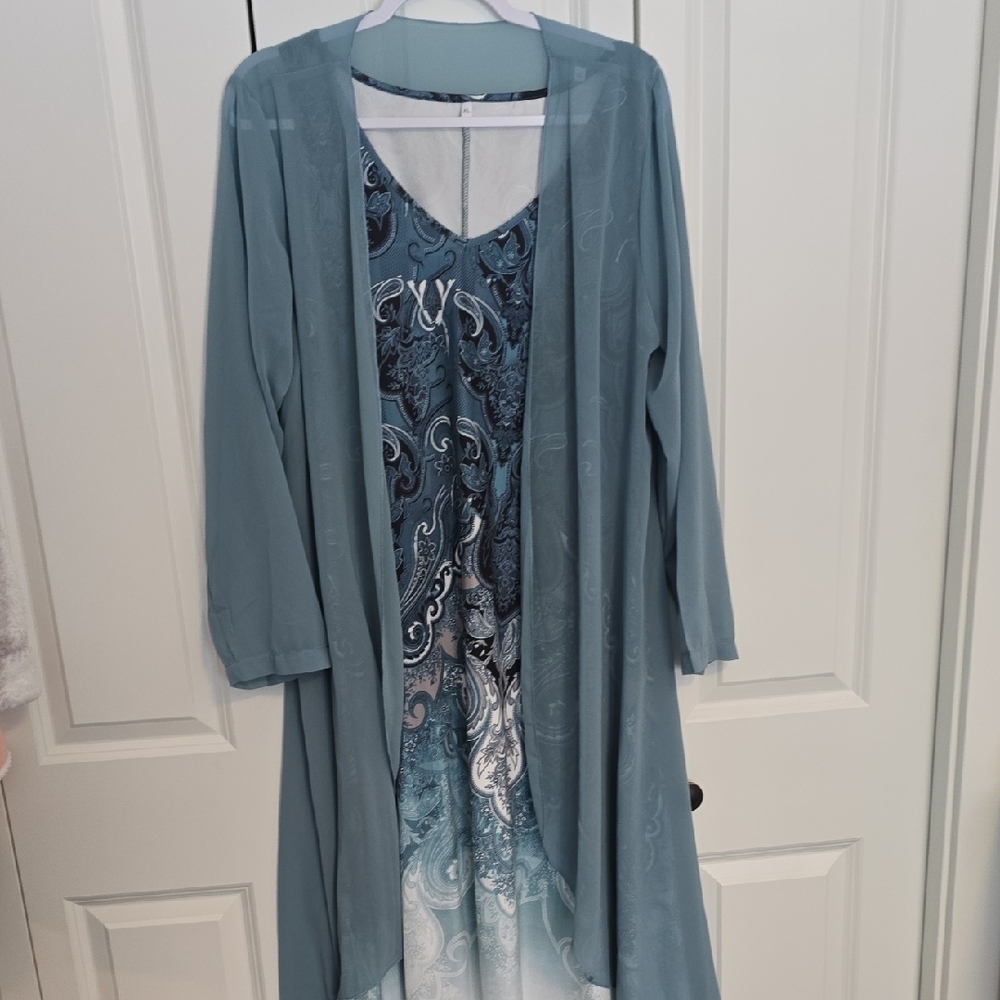 Blue Paisley Dress with Sheer Overlay